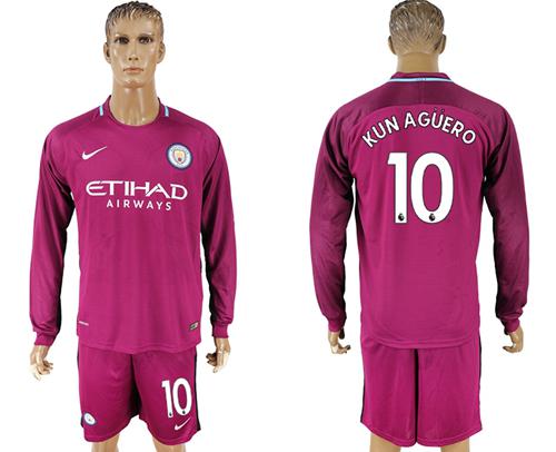 Manchester City #10 Kun Aguero Away Long Sleeves Soccer Club Jersey - Click Image to Close